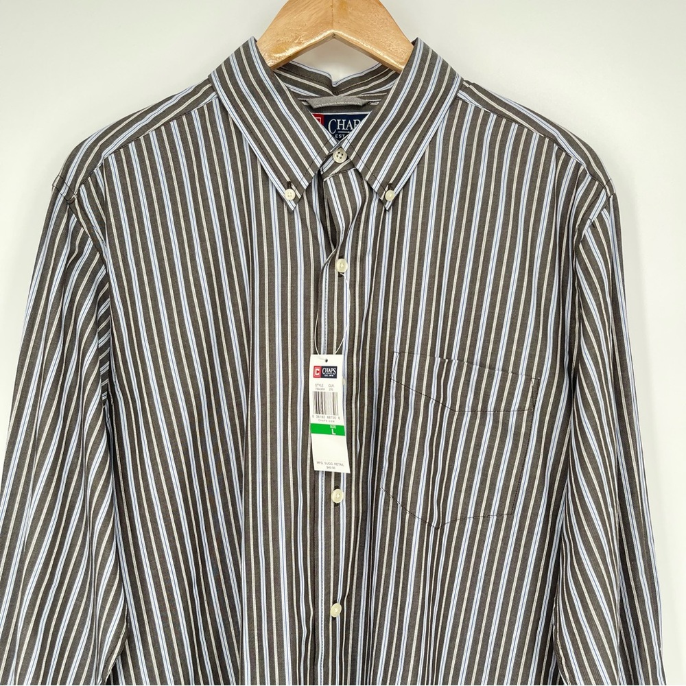 New CHAPS Button-Down Mens Large 100% Cotton Long Sleeve Grey Blue White Stripes - Picture 4 of 14